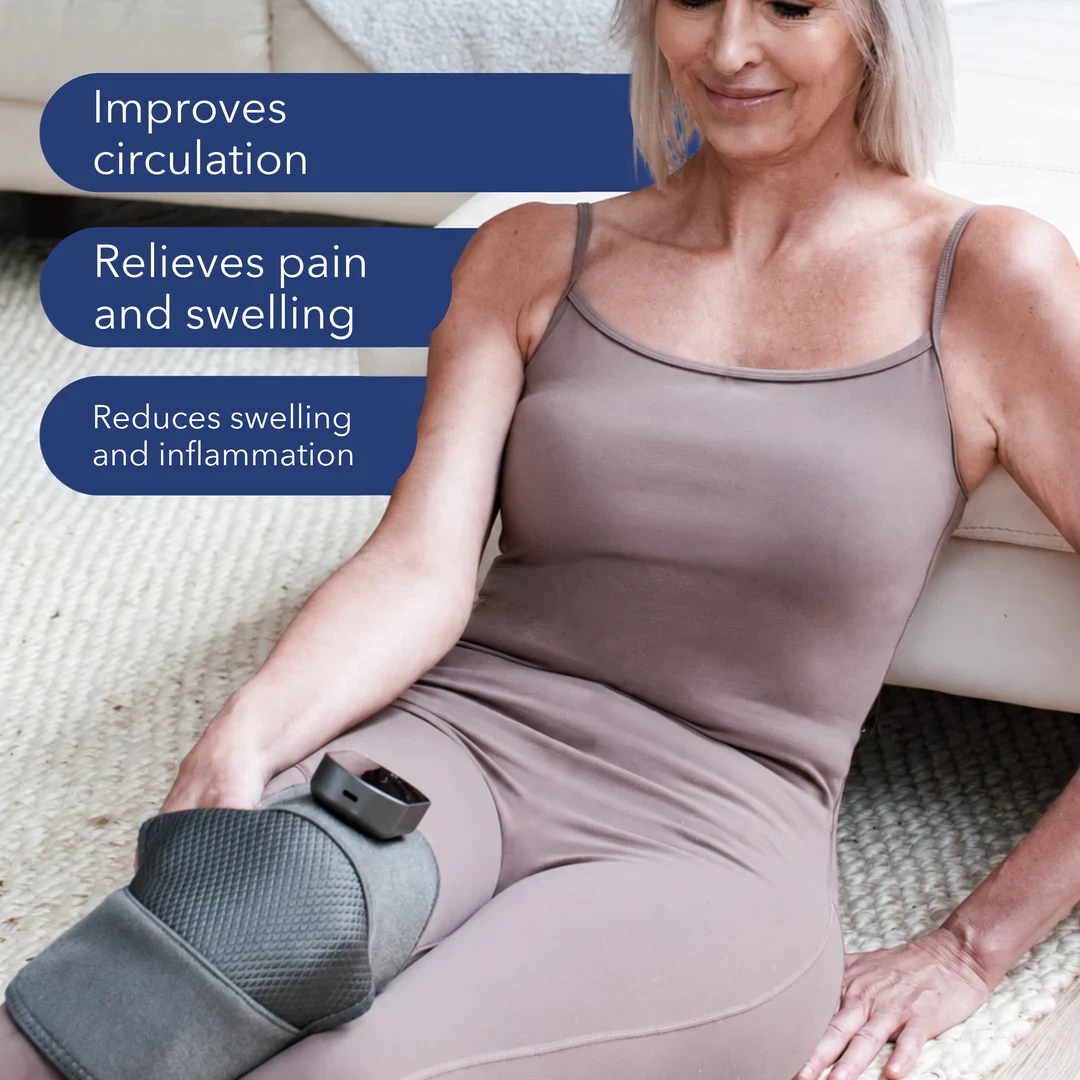 A woman using the wrap on her knee: improves circulation, relieves pain and swelling, reduces swelling and inflammation